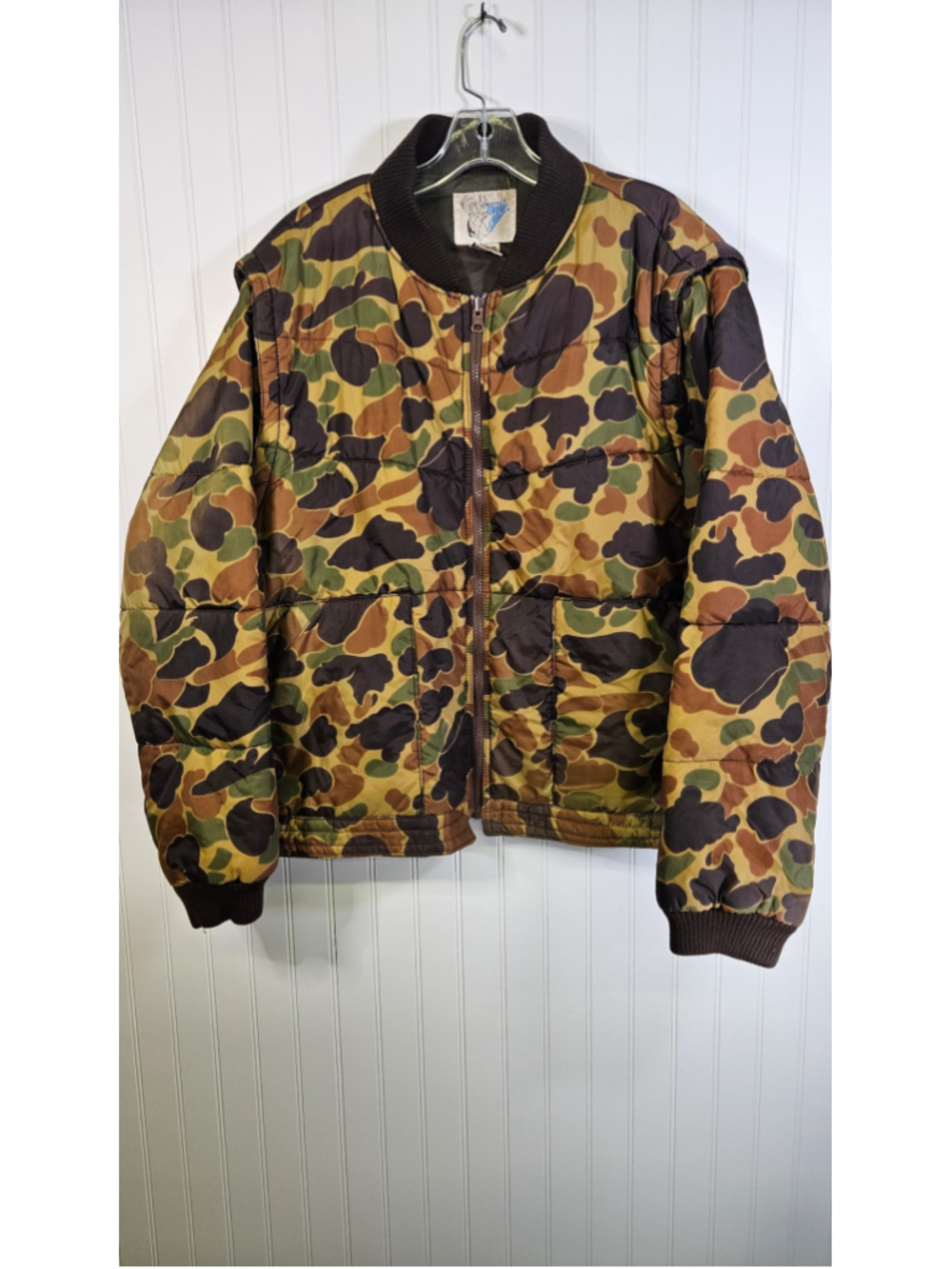 Vintage Trophy Duck Camo Puffer Jacket Zip Off Sleeves Hunting Bomber XL